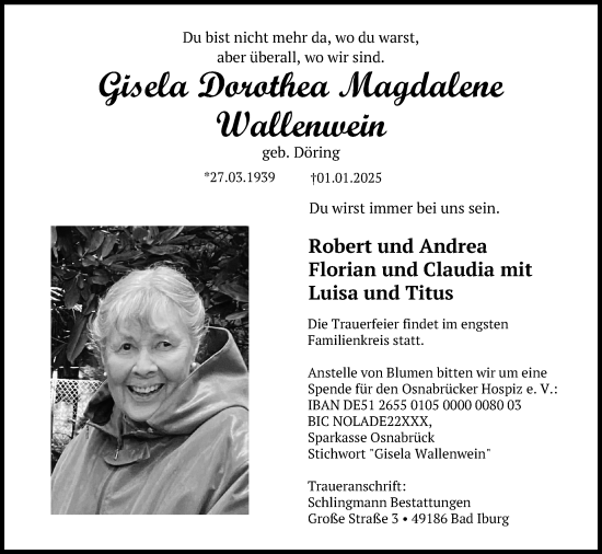 Traueranzeige von Gisela Dorothea Magdalene Wallenwein von Aller Zeitung