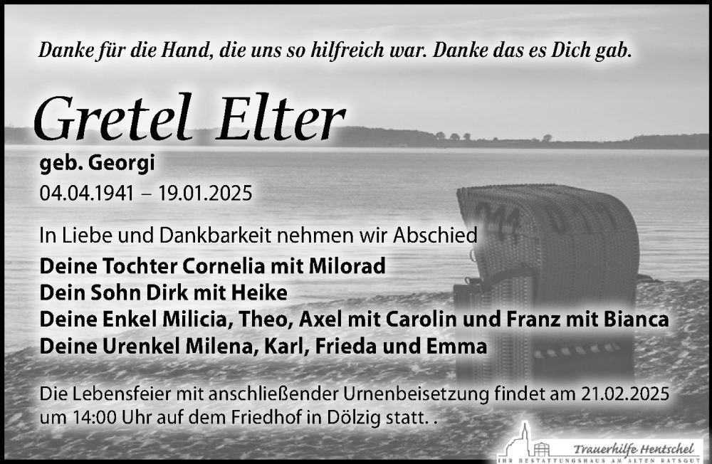  Traueranzeige für Gretel Elter vom 25.01.2025 aus Leipziger Volkszeitung