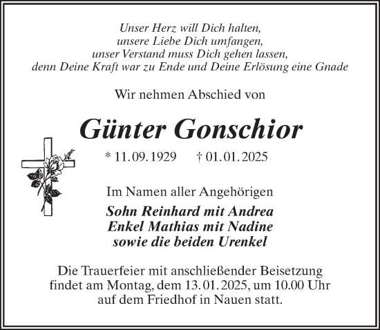 Traueranzeige von Günter Gonschior von Märkischen Allgemeine Zeitung