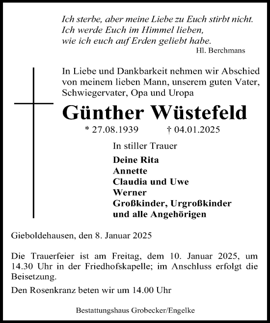 Traueranzeige von Günther Wüstefeld von Eichsfelder Tageblatt