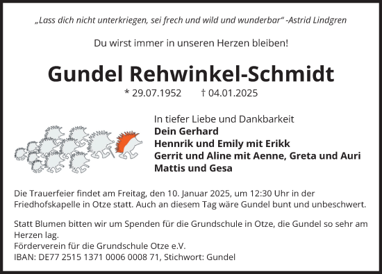 Traueranzeige von Gundel Rehwinkel-Schmidt von Hannoversche Allgemeine Zeitung/Neue Presse