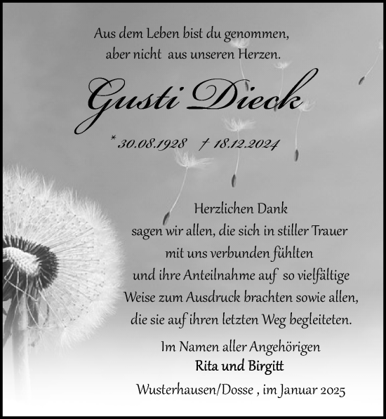 Traueranzeige von Gusti Dieck