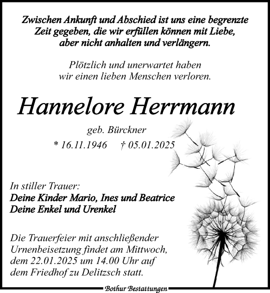 Traueranzeige von Hannelore Herrmann von Leipziger Volkszeitung