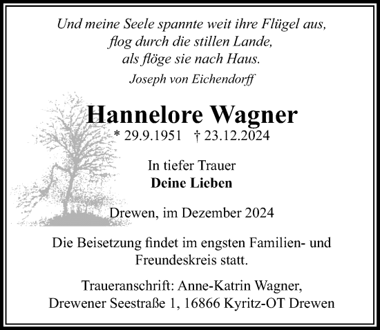 Traueranzeige von Hannelore Wagner von Wochenspiegel