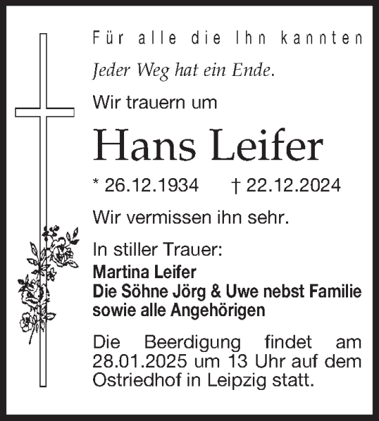 Traueranzeige von Hans Leifer von Leipziger Volkszeitung