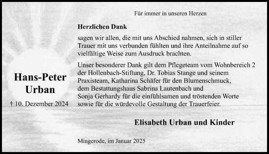 Traueranzeige von Hans-Peter Urban von Eichsfelder Tageblatt