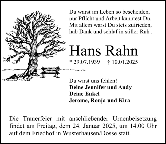 Traueranzeige von Hans Rahn von Märkischen Allgemeine Zeitung