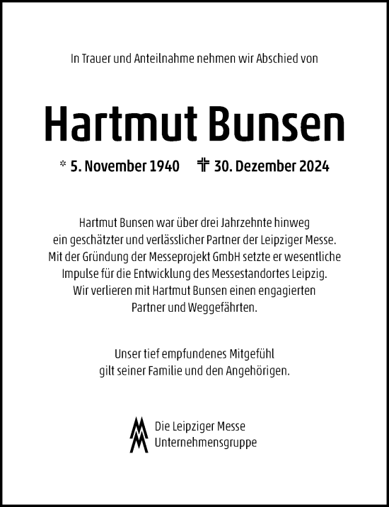 Traueranzeige von Hartmut Bunsen von Leipziger Volkszeitung