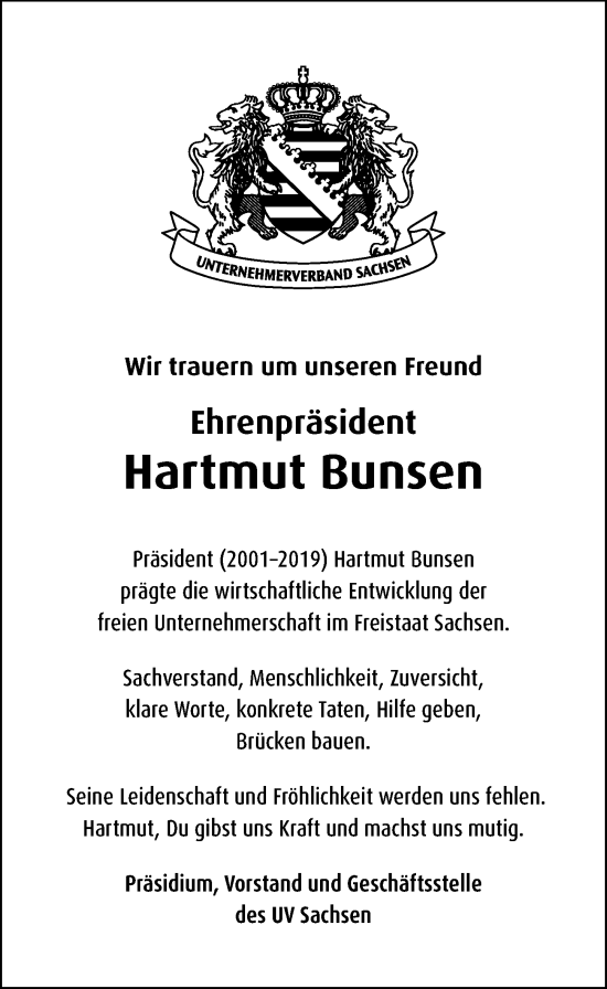 Traueranzeige von Hartmut Bunsen von Leipziger Volkszeitung