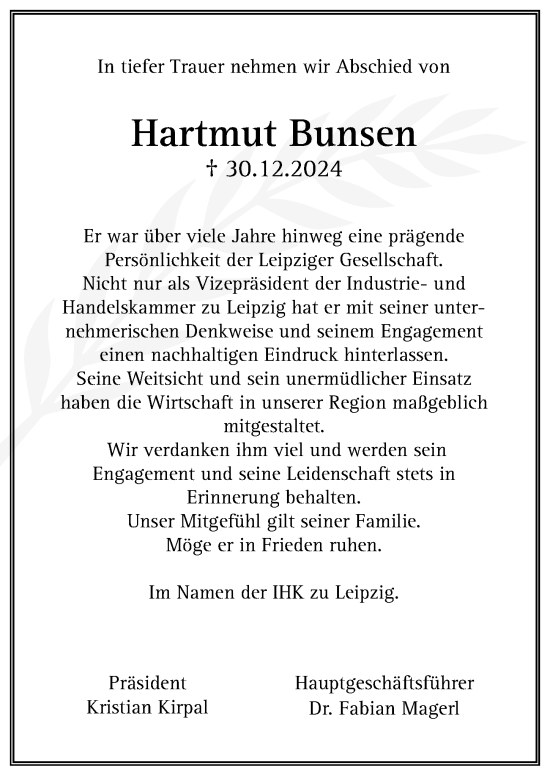 Traueranzeige von Hartmut Bunsen von Leipziger Volkszeitung