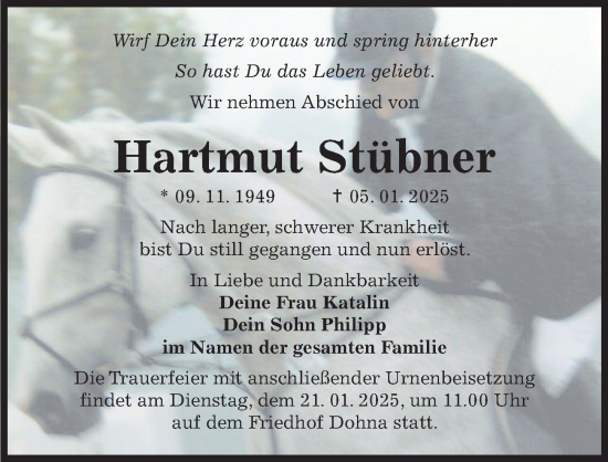 Traueranzeige von Hartmut Stübner von Sächsische Zeitung