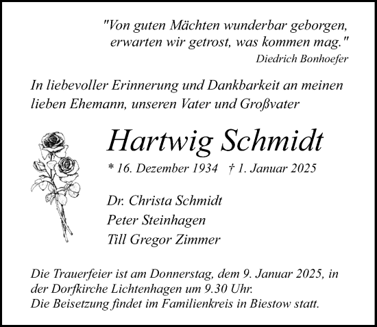 Traueranzeige von Hartwig Schmidt von Ostsee-Zeitung GmbH