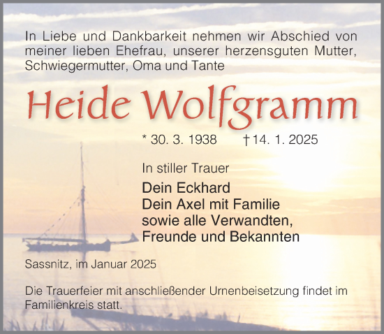 Traueranzeige von Heide Wolfgramm von Ostsee-Zeitung GmbH