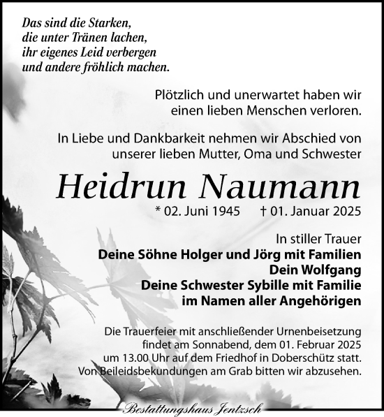 Traueranzeige von Heidrun Naumann von Leipziger Volkszeitung