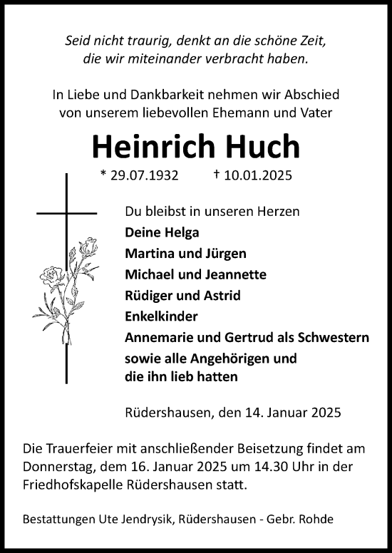 Traueranzeige von Heinrich Huch von Eichsfelder Tageblatt