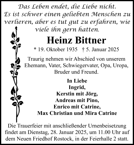 Traueranzeige von Heinz Bittner von Ostsee-Zeitung GmbH