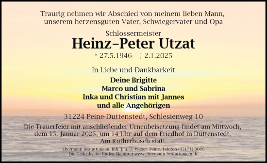 Traueranzeige von Heinz-Peter Utzat von Peiner Allgemeine Zeitung