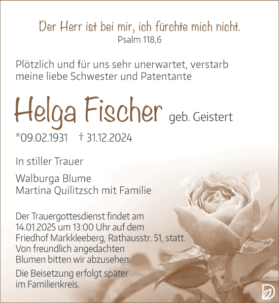 Traueranzeige von Helga Fischer von Leipziger Volkszeitung