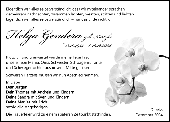 Traueranzeige von Helga Gendera