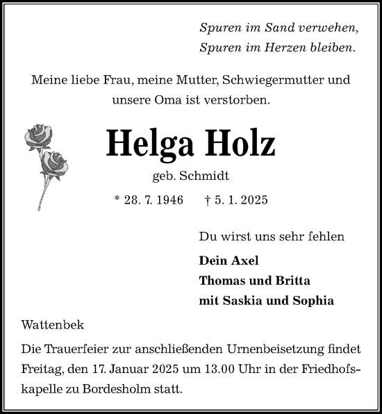 Traueranzeige von Helga Holz von Kieler Nachrichten