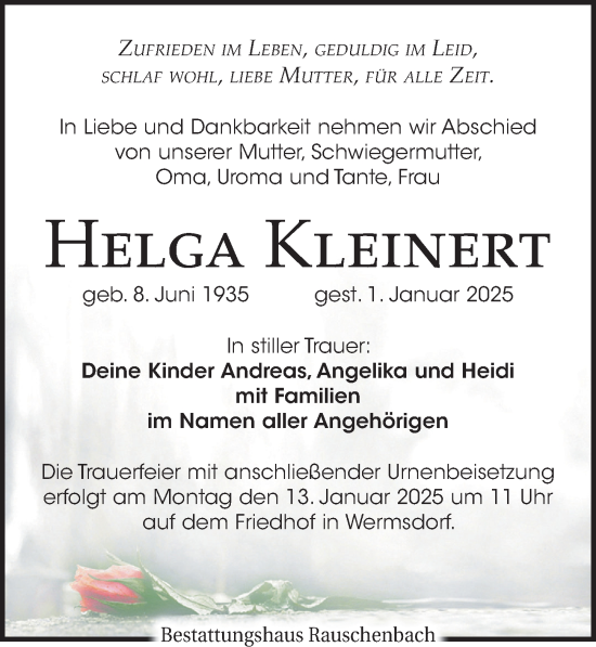 Traueranzeige von Helga Kleinert von Leipziger Volkszeitung