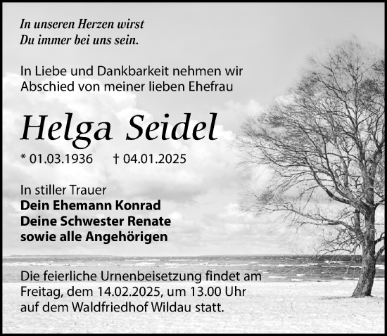 Traueranzeige von Helga Seidel von Märkischen Allgemeine Zeitung