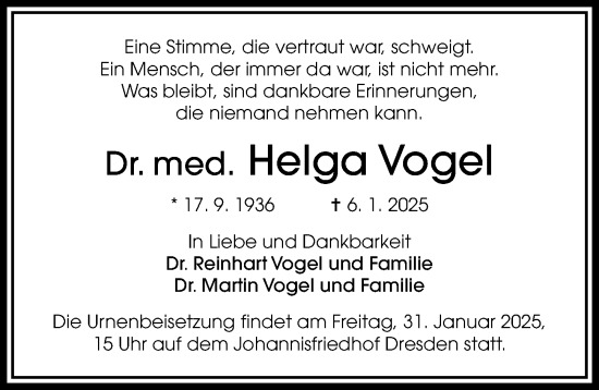 Traueranzeige von Helga Vogel von Sächsische Zeitung