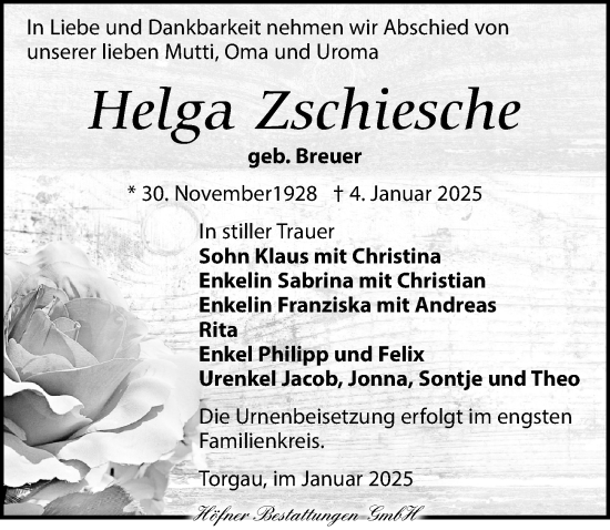 Traueranzeige von Helga Zschiesche von Torgauer Zeitung