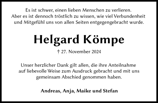 Traueranzeige von Helgard Kömpe von Kieler Nachrichten