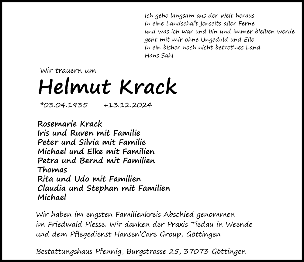  Traueranzeige für Helmut Krack vom 11.01.2025 aus Göttinger Tageblatt