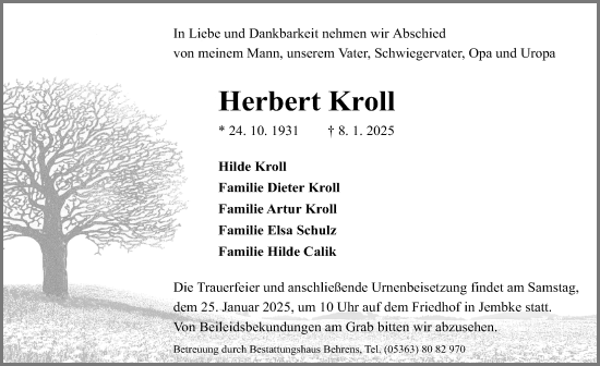 Traueranzeige von Herbert Kroll von Aller Zeitung