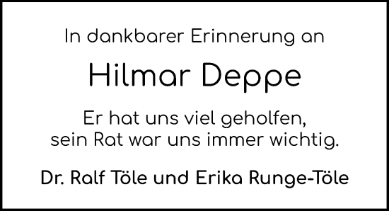 Traueranzeige von Hilmar Deppe von Göttinger Tageblatt