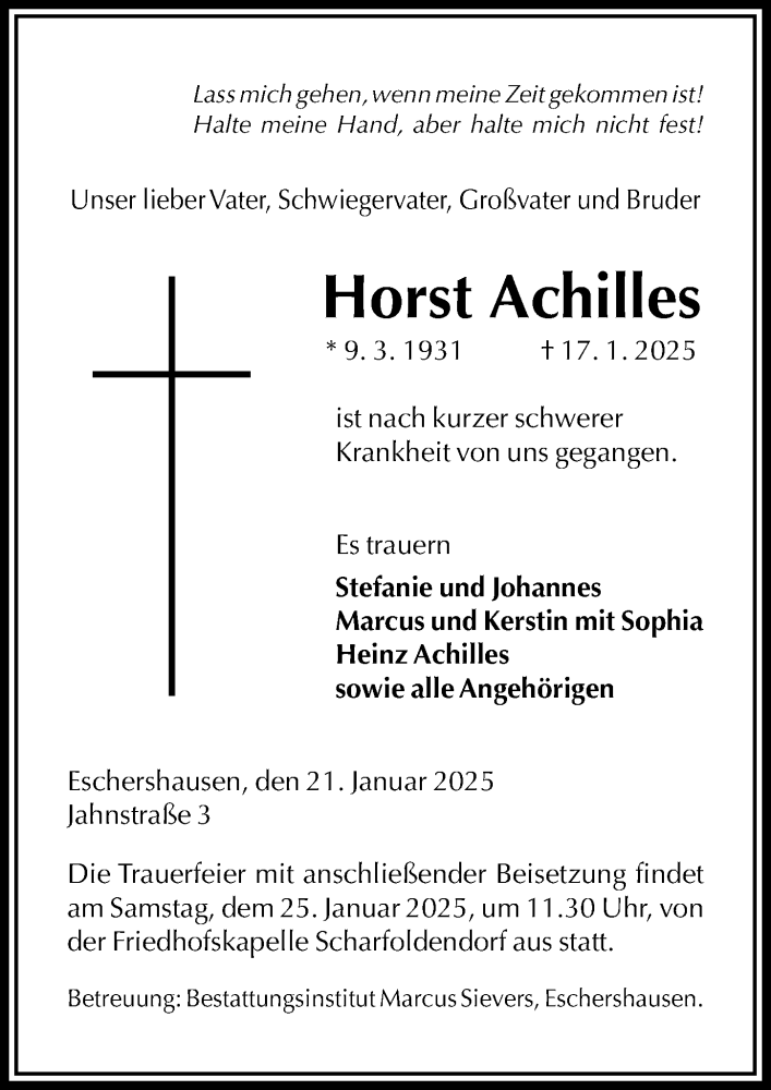  Traueranzeige für Horst Achilles vom 21.01.2025 aus Täglicher Anzeiger Holzminden