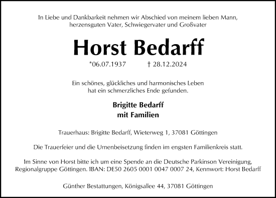 Traueranzeige von Horst Bedarff von Göttinger Tageblatt