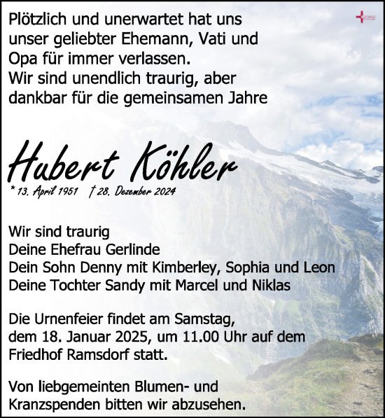 Traueranzeige von Hubert Köhler von Leipziger Volkszeitung