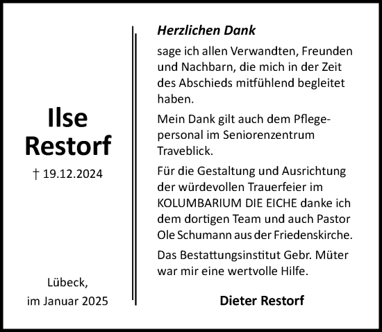 Traueranzeige von Ilse Restorf von Lübecker Nachrichten