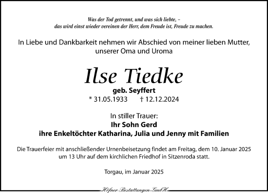 Traueranzeige von Ilse Tiedke von Torgauer Zeitung