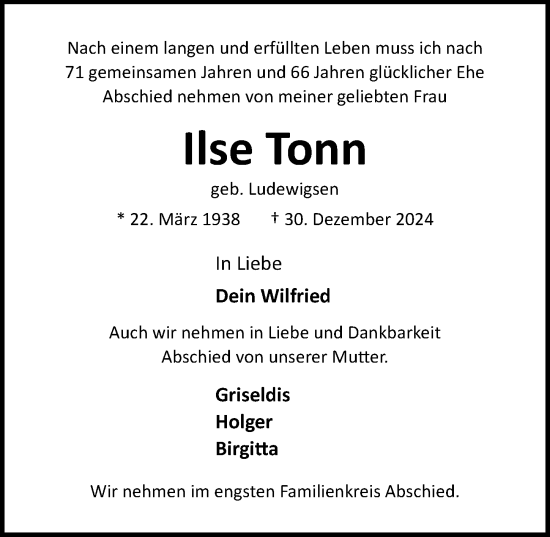 Traueranzeige von Ilse Tonn von Lübecker Nachrichten