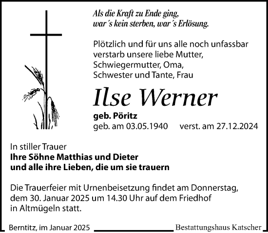 Traueranzeige von Ilse Werner von Leipziger Volkszeitung