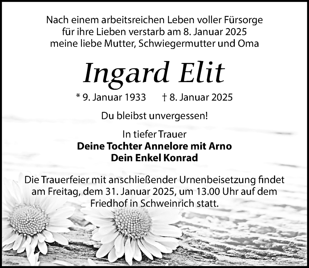  Traueranzeige für Ingard Elit vom 18.01.2025 aus Wochenspiegel