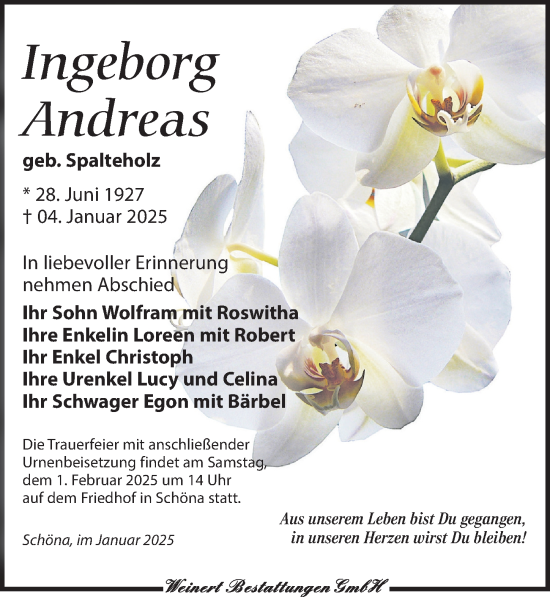 Traueranzeige von Ingeborg Andreas von Torgauer Zeitung