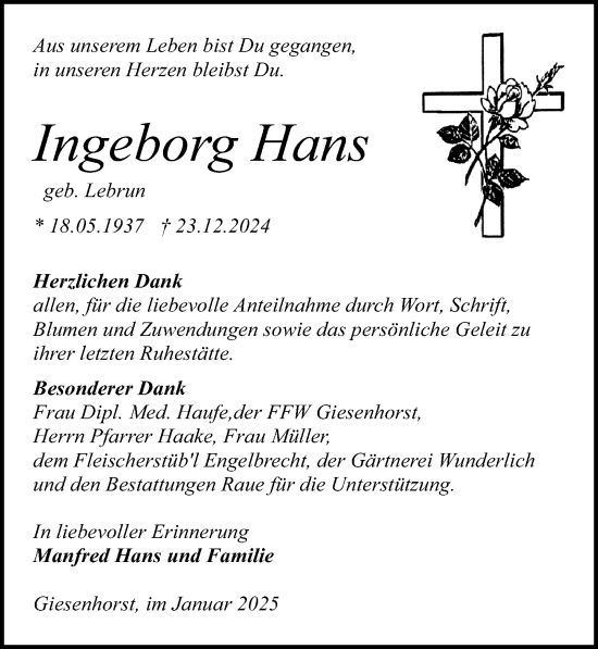 Traueranzeige von Ingeborg Hans