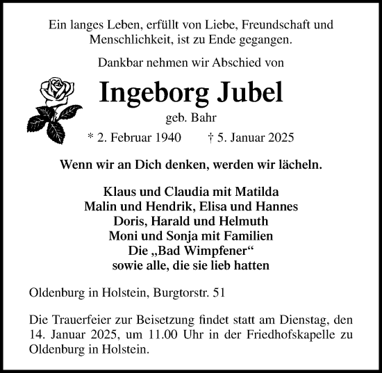 Traueranzeige von Ingeborg Jubel von Lübecker Nachrichten