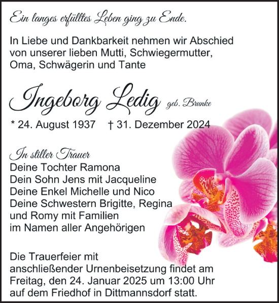 Traueranzeige von Ingeborg Ledig von Leipziger Volkszeitung