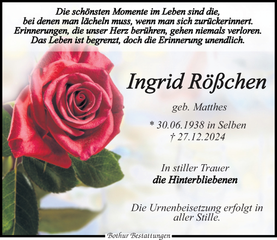 Traueranzeige von Ingrid Rößchen von Leipziger Volkszeitung