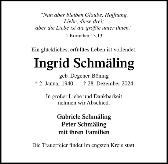 Traueranzeige von Ingrid Schmäling von Lübecker Nachrichten