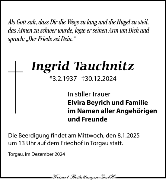 Traueranzeige von Ingrid Tauchnitz von Torgauer Zeitung