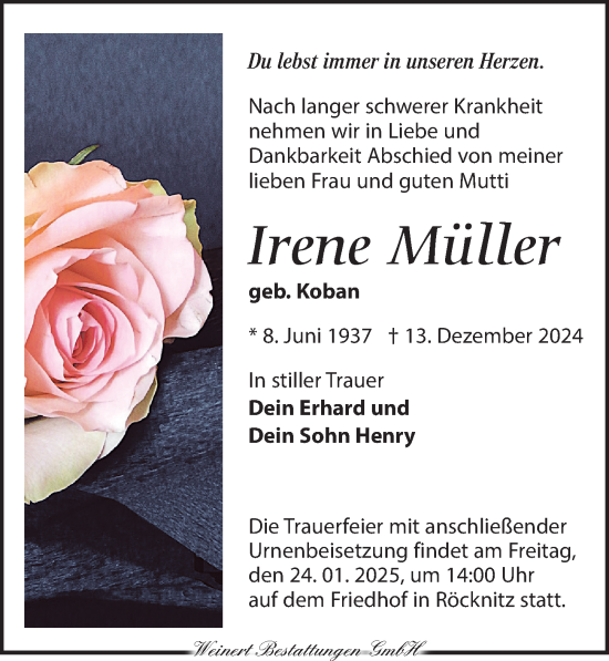 Traueranzeige von Irene Müller von Leipziger Volkszeitung