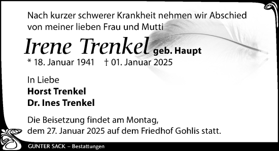 Traueranzeige von Irene Trenkel von Leipziger Volkszeitung