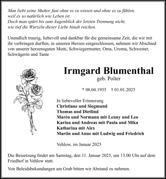 Traueranzeige von Irmgard Blumenthal von Märkischen Allgemeine Zeitung